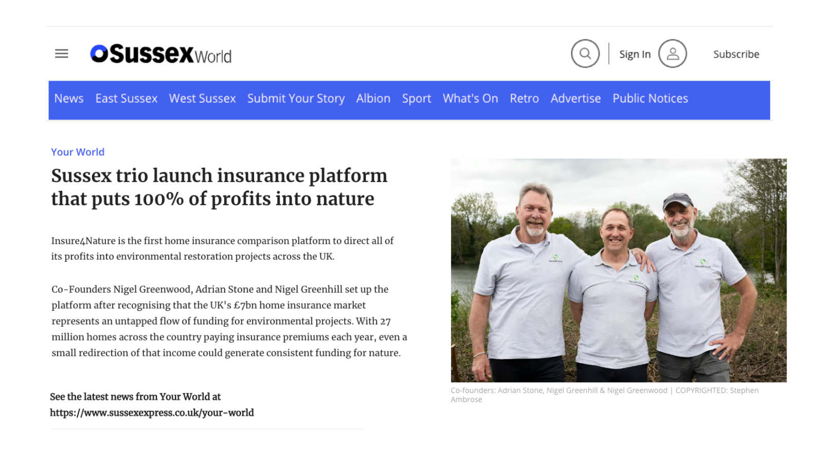 Sussex World coverage of Insure4Nature, featuring its three co-founders